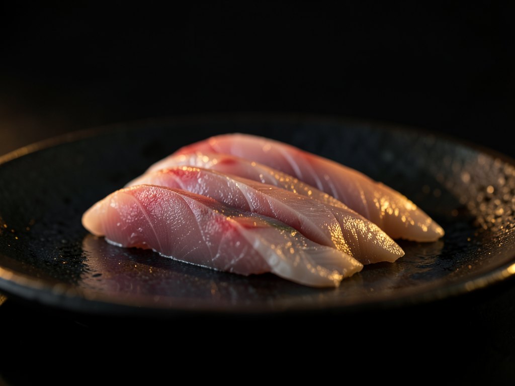 Sashimi premium sur assiette c&eacute;ramique noire avec &eacute;clairage dor&eacute;