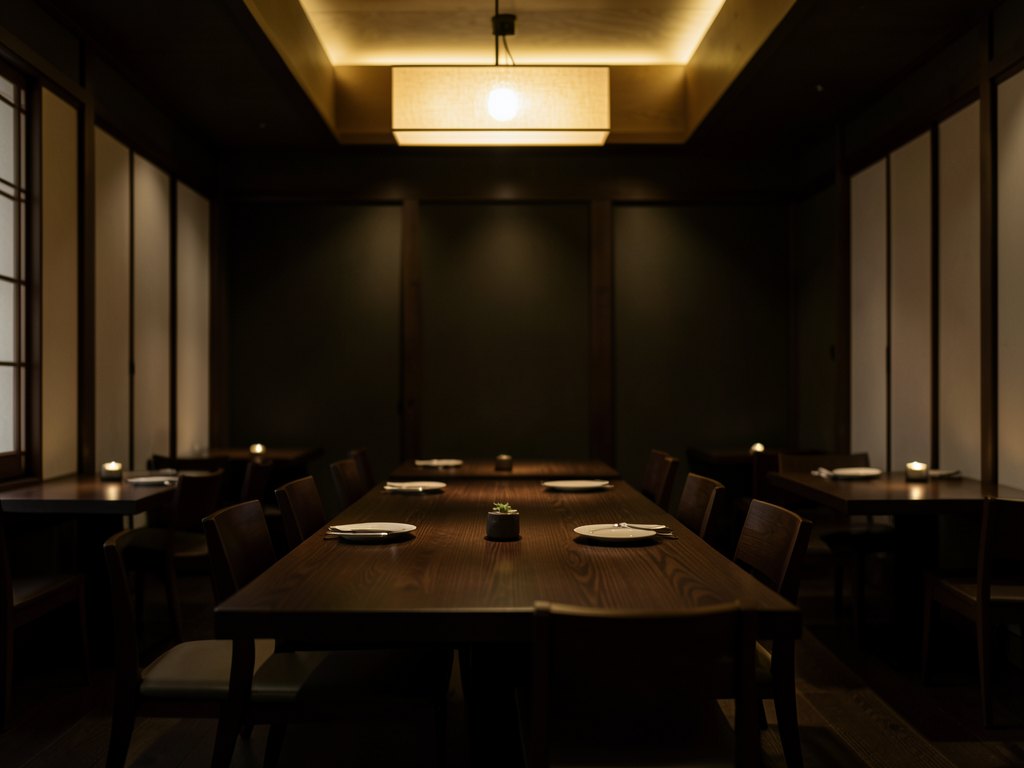Int&eacute;rieur zen du restaurant Sakura Sushi avec &eacute;clairage dor&eacute; ambiant